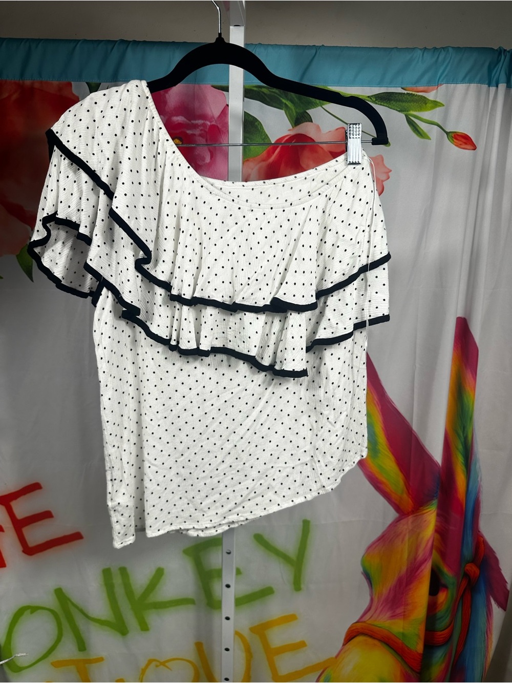 P215. Ro & De White Polka Dot One-Shoulder Ruffle Top with Black Trim - Picture 3 of 5